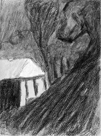 Pejzaż fantastyczny (ze zboczem  i domkiem)