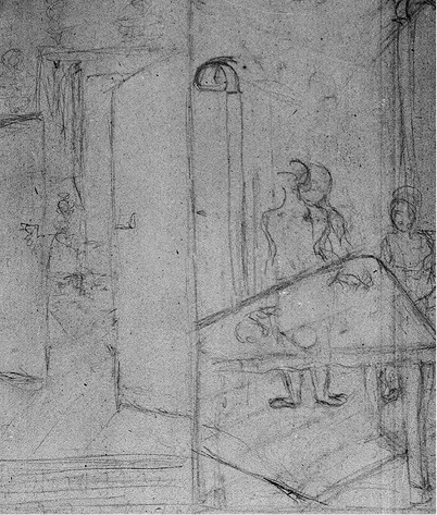 Rysunek(z trzema postaciami za stołem)