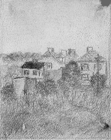 Motyw pejzażowy z Dębca (grupa dom&oacute;w za łąką)