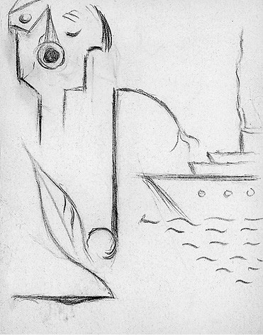 Projekt linorytu(?) z motywem statku, 